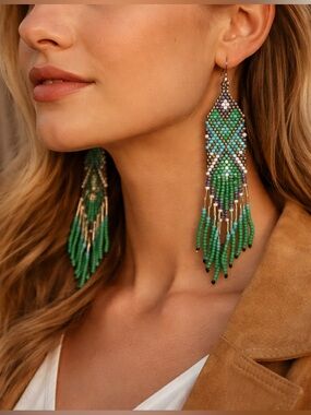 Beaded Earrings Boho Western Statement  5” Green Tribal Cowgirl Festival Jewelry